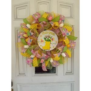 Hello Spring Flowers Butterfly Ribbon Deco Mesh Spring Summer Wreath